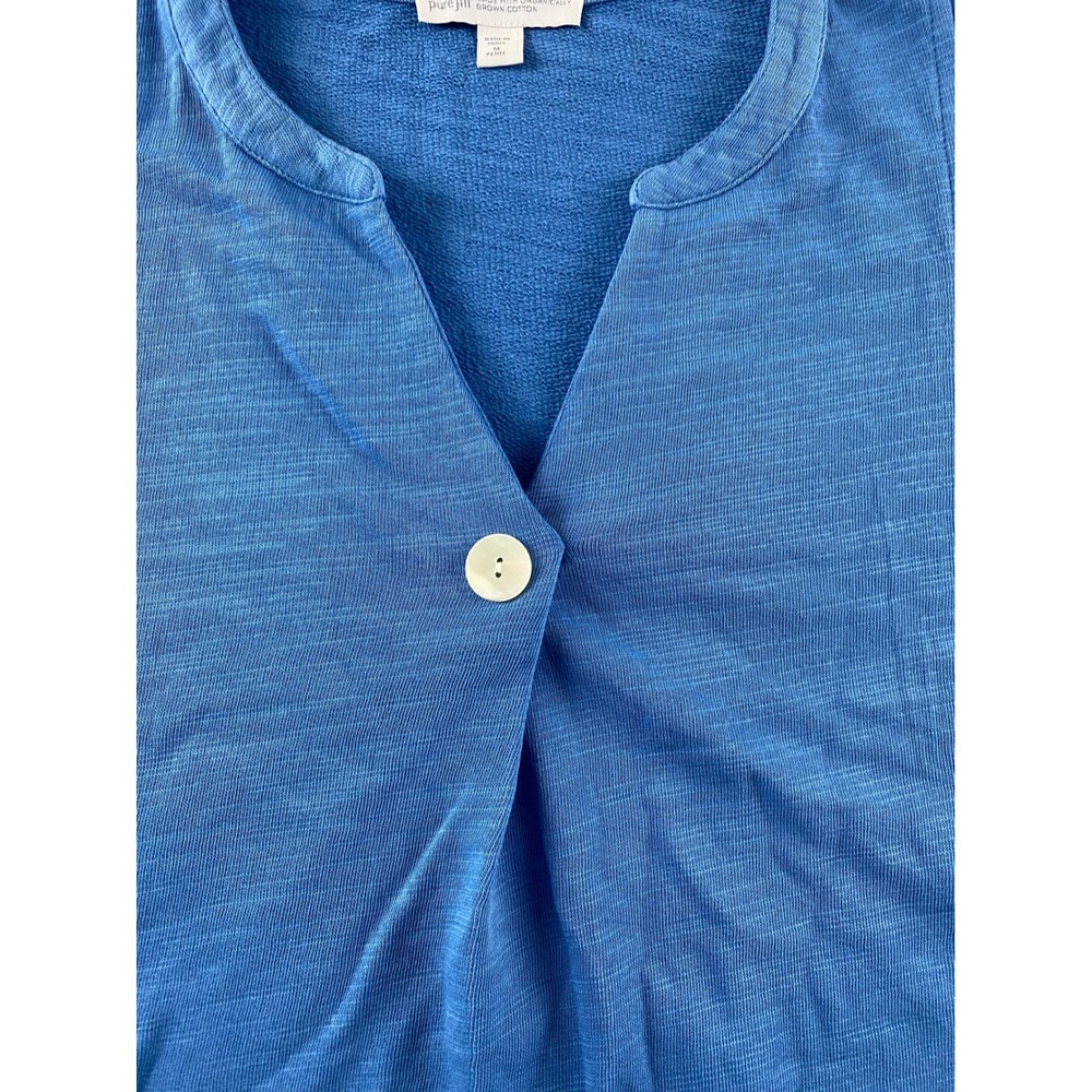 Pure Jill Blue Organic Cotton Slub Single Button Cardigan Top Womens M. Petite - Picture 3 of 10